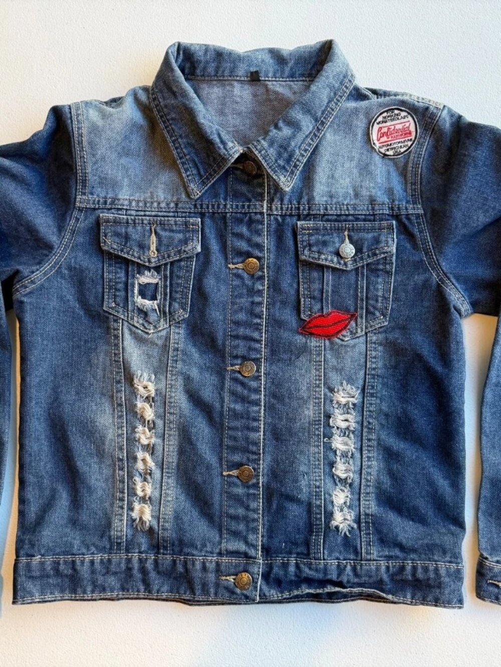 Womens M Distressed Denim Jacket Patches Lips Moto Y2K